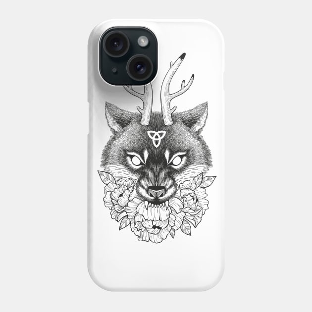 Wiccan wolf with horns and flowers Phone Case by fears