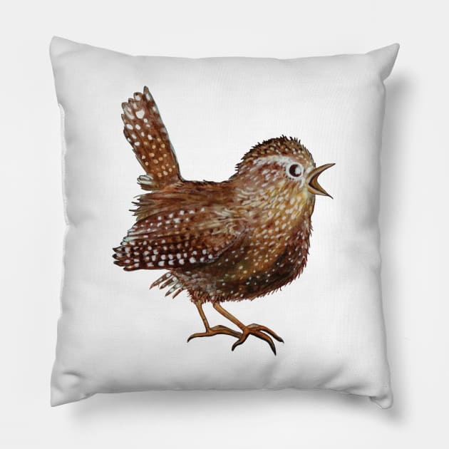 Eurasian wren singing song Illustration Pillow by Julia Doria Illustration