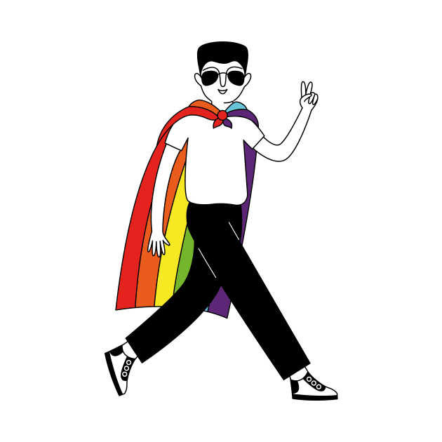 A man with a rainbow gay parade flag on his shoulders by Savvalinka