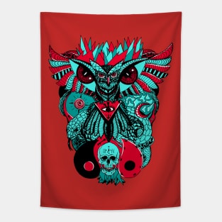 Turqred Wise Owl And Ageless Skull Tapestry