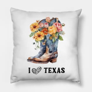 I Love Texas Boho Cowboy Boots Watercolor Art Pillow