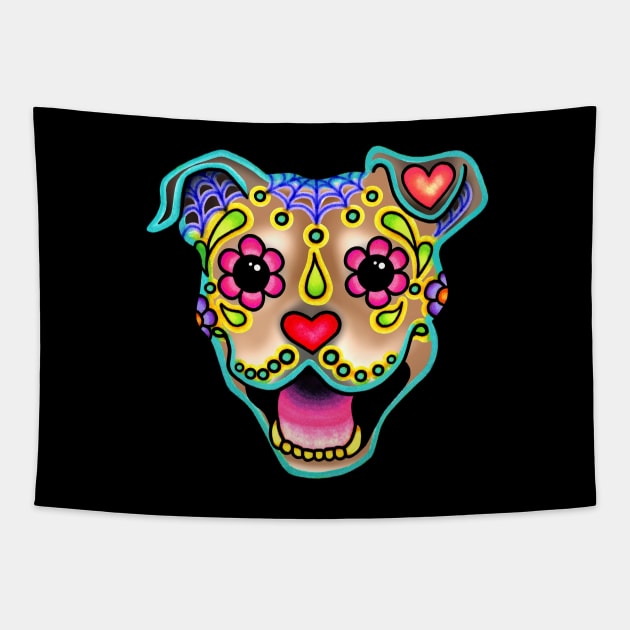 Smiling Pit Bull in Fawn - Day of the Dead Pitbull Sugar Skull Dog Tapestry by prettyinink