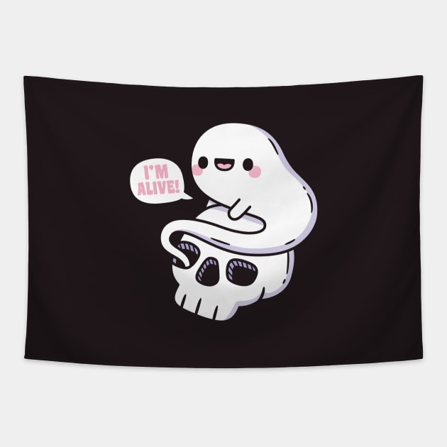 Cute Ghost Coming Out Of Skeleton Skull, Im Alive Funny Tapestry by rustydoodle