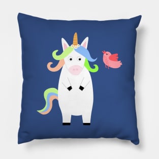 cute Unicorn with bird Cartoon Pillow