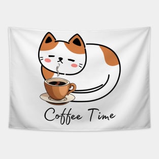 Coffee Time Cute Calico Kitty Tapestry