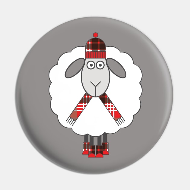 Cosy Winter Sheep With Red, Black and White Tartan Hat, Scarf and Boots Pin by MacPean