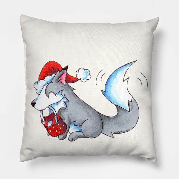 Secret Santa Wolf Pillow by KristenOKeefeArt