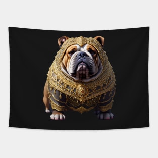 Badass Bulldog in Golden Chainmail Armor and Helmet Tapestry