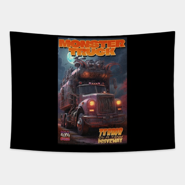 Halloween Monster Truck Terror in a Tiny Driveway Tapestry by DanielLiamGill