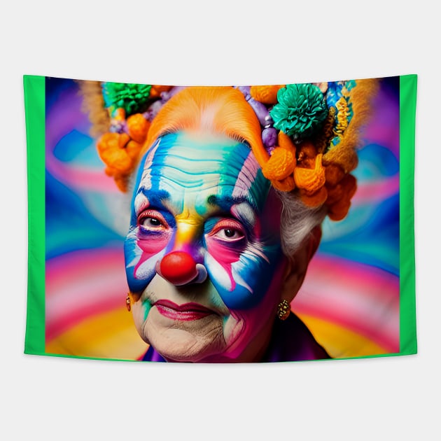 Elderly lady is the funniest clown costume granny at the party Tapestry by Marccelus