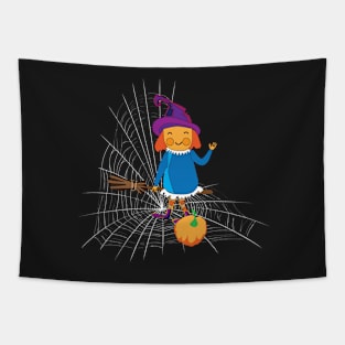 Little witch flying on the spider's net Tapestry