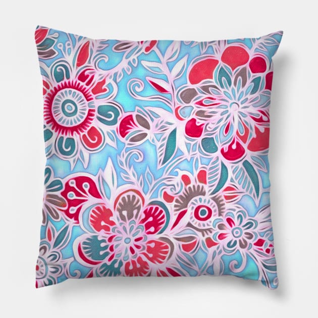 Sweet Spring Floral - cherry red & bright aqua Pillow by micklyn