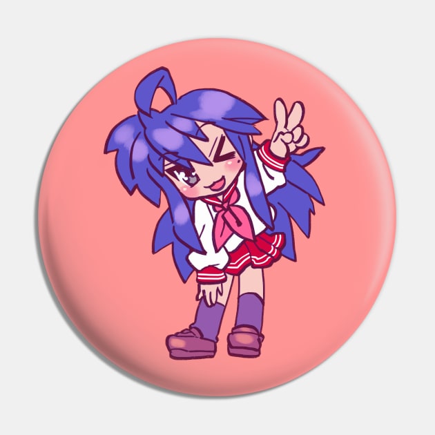 I draw bright pink chibi izumi konata doing a peace sign / lucky star Pin by mudwizard