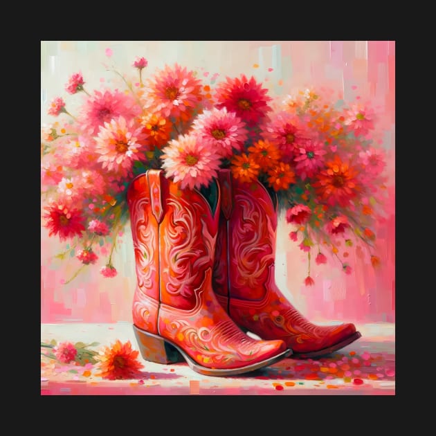 Preppy cowgirl pink heeled boots with flowers art by theholisticprints