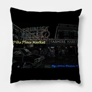 Pike Place Market Neon Seattle Washington Abstract Psychedelic Pillow