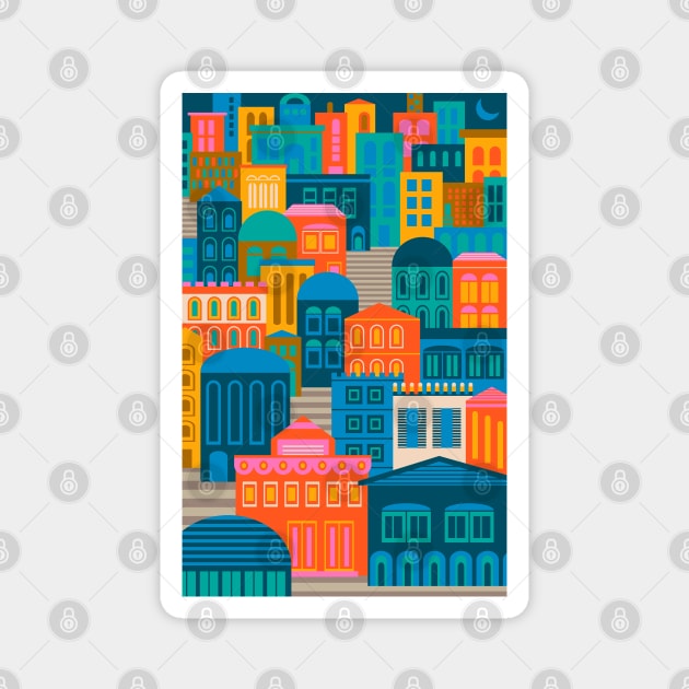 CITY LIGHTS AT NIGHT Vintage Exotic City Travel Poster - UnBlink Studio by Jackie Tahara Magnet by UnBlink Studio by Jackie Tahara