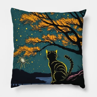 Tabby Cat Watching Fireworks over a Lake Pillow