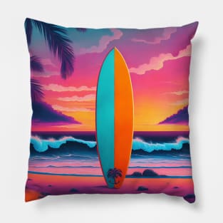 Hawaiian Surfing in a Beautiful Beach Sunset Retro Vintage Travel Artwork Pillow