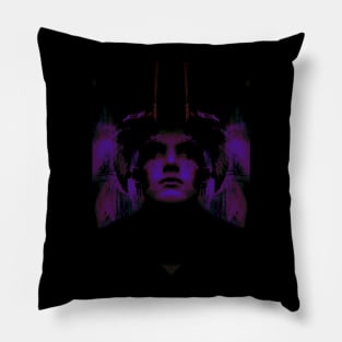 Portrait, digital collage, special processing. Dark, strong. Guy face looking up high. Fantasy. Violet and blue, sci-fi. Pillow