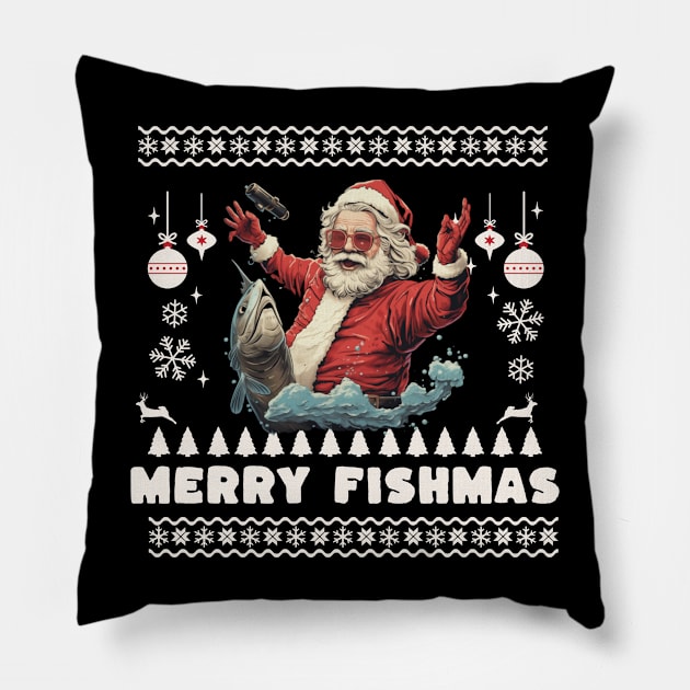 Merry Fishmas Santa Fishing Ugly Christmas Sweater Pillow by VisionDesigner