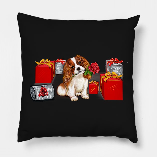 Cavoodle puppy dog with rose in its mouth surrounded by gifts. Especially for you Pillow by Artonmytee