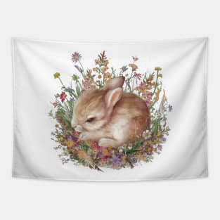 Cute Bunny Rabbit Wild Flowers Tapestry