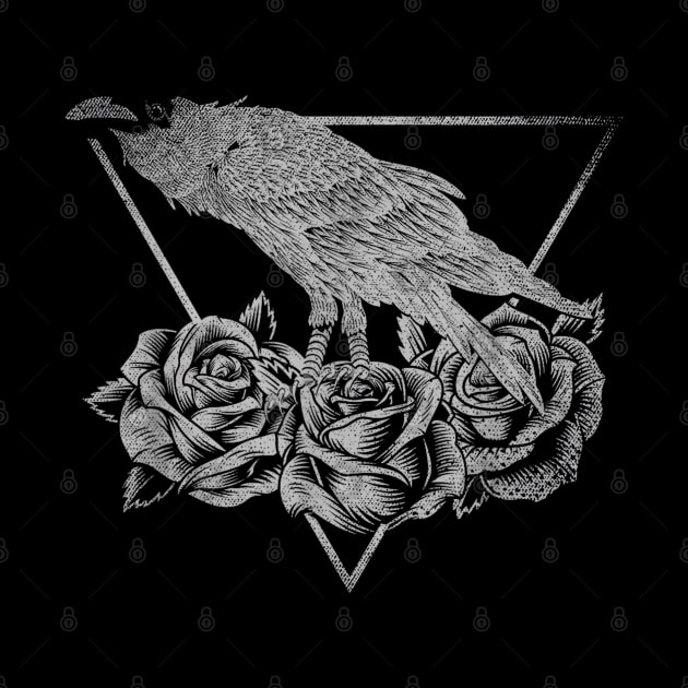 Flower Gothic - Black Rose and Crow Bird Creepy - Roses and Raven by The Full Moon Shop