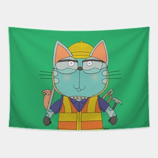 Cat Goof Construction Worker with Uniform Tapestry