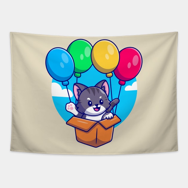 Cute Cat Flying With Cardboard Box And Balloon Cartoon Tapestry by Catalyst Labs