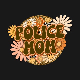 Police Mom Retro Groovy Floral Leopard T-Shirt