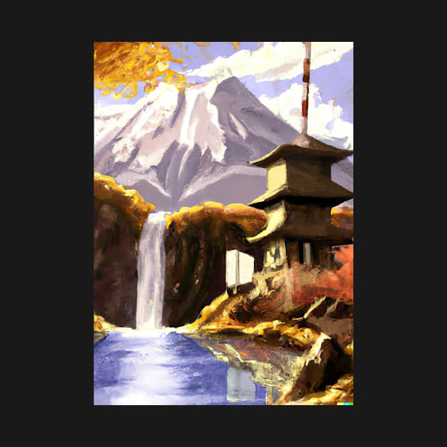 Japan Tower Waterfall Painting by maxcode