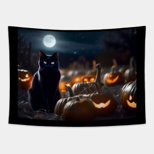 Black cat in pumpkin patch on Halloween night Tapestry