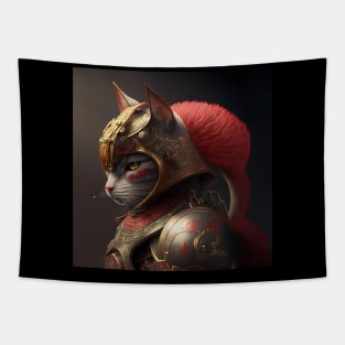 Samurai Cat Wearing Red and Gold Armor Tapestry