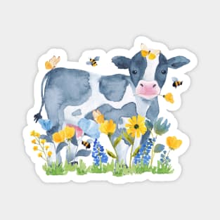 Watercolor Cow in Spring Flowers, Bees, & Beautiful Butterflies Magnet