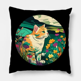 Happy Cat Filled With Flowers In The Field Colorful - Cat Lover Pillow