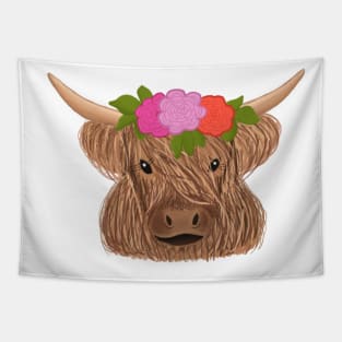 Highland Cow with Flowers Tapestry