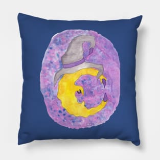 Clawed Witchy Moon Against the Starry Night Sky Hand Drawn Watercolor and Ink Artwork Pillow