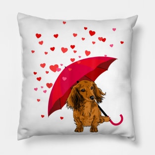 Long Hair Dachshund In Raining Heart Valentine Pillow