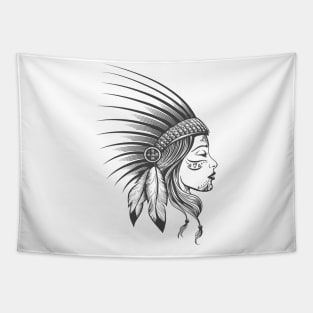 Girl Face in Indian Tribe Feather Bonnet with Warrior Makeup Tapestry