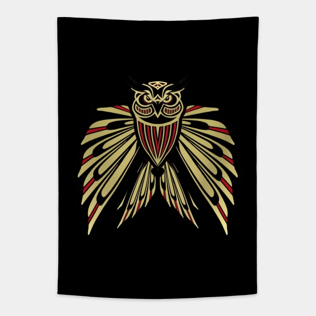 Owl Totem Art in Black and Gold Tapestry by PatricianneK
