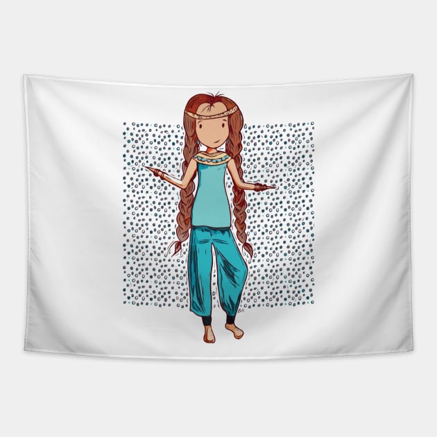 Cute bohemian girl with super long brown braids and turquoise hippie clothing Tapestry by Sissely