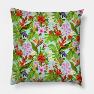 Light Blue Tropical Flora Pillow