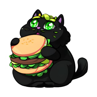 Black Fat cat eating burger T-Shirt