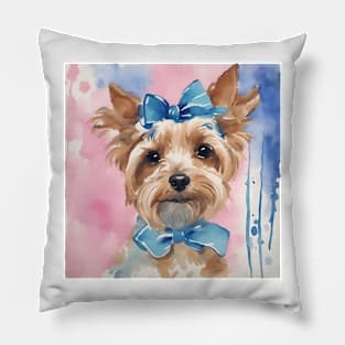 Cute preppy Terrier with blue bows watercolor painting Pillow