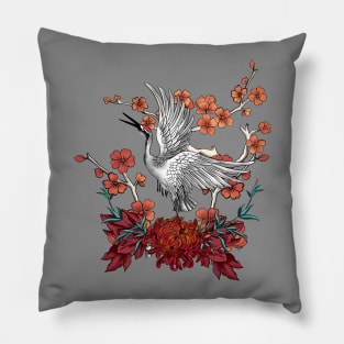 Beautiful crane with flowers Pillow