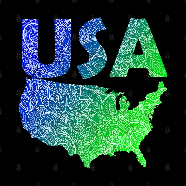 Colorful mandala art map of the United States of America with text in blue and green by Happy Citizen