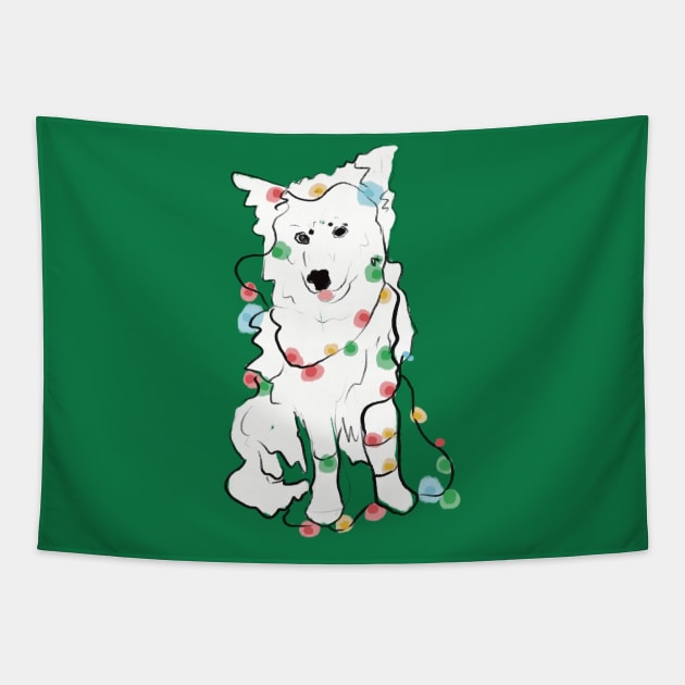 Dog wrapped in Christmas lights Tapestry by Shadoodles