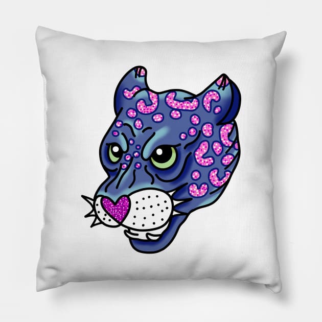 American traditional Panther Tattoo in Navy and Pink with Glitter and Sparkles Snarling cute gift Pillow by AnanasArt
