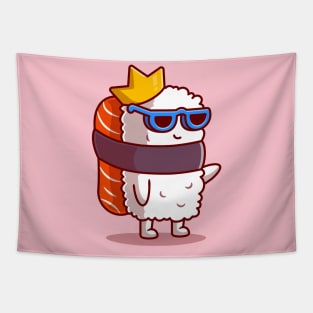 Cute King Salmon Sushi With Glasses Cartoon Tapestry