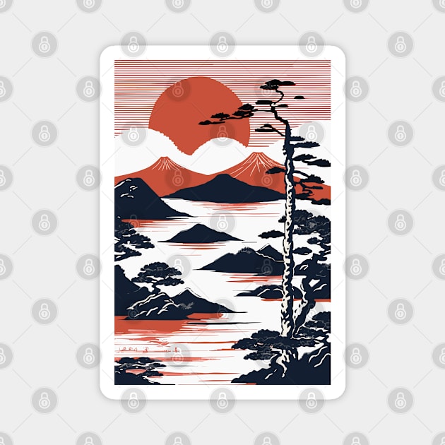 Japanese landscape with sunset, woodblock Magnet by Ravenglow